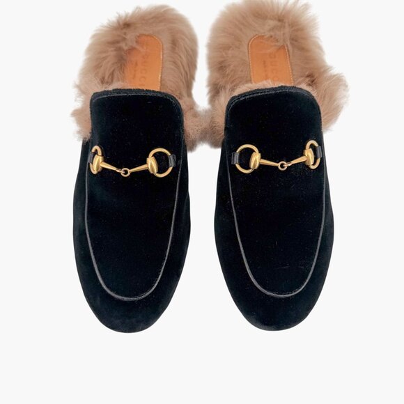 Gucci Princetown Black Velvet Fur Lined Horsebit Mules Size 38.5 US 8.5 Women's - Picture 3 of 15